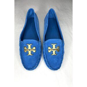 Tory Burch Everly Driver Blue Suede Loafers 5.5 Moccasins Gold Logo Comfortable